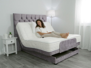 An adjustable bed in an elevated position
